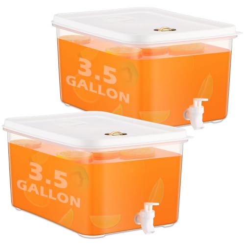 2 Pack 3.5 Gallon Drink Dispenser for Fridge with Spigot Water Dispenser Leak Proof Lids Filter Screen Beverage Juice Container Sealed Plastic Lemonade Milk Cold Hot Drink Tea Jug for Party (2 Count)