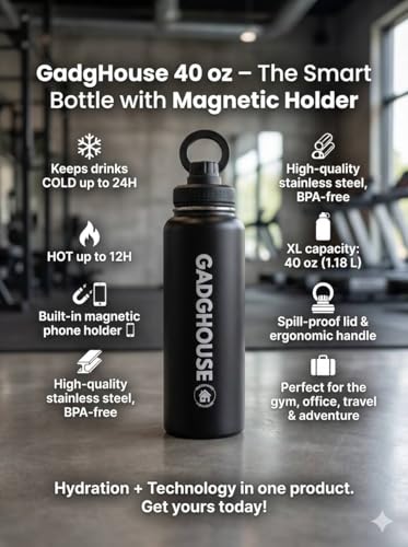 GadgHouse 40oz Stainless Steel Water Bottle with Magnetic Phone Holder