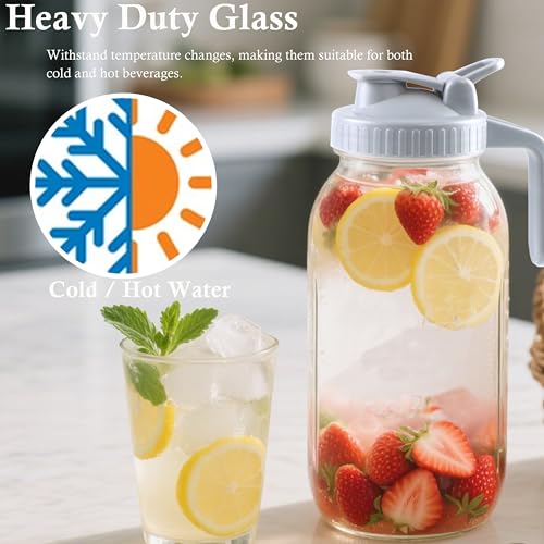 Glass Mason Jar Pitcher With Lid 64 Oz Wide Mouth Sun Tea Jar Half Gallon Cold Hot Water Pitcher 2 Quart Brew Coffee Jug Carafe For Fridge (2 Count)