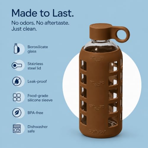 40oz / 32oz / 22oz / 12oz Borosilicate Glass Water Bottle with Time & Volume Markers, Silicone Sleeve, Stainless Steel Lid | Reusable Glass Bottle for Water & Juice (22oz Earth Brown)