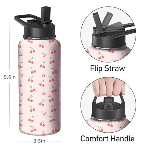 32oz Cherry Water Bottle with Handle and Flip Straw