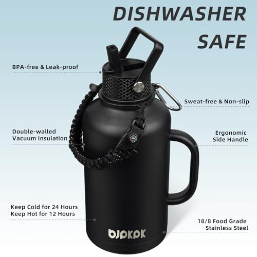 64oz Insulated Water Bottle with Straw Lid Large Stainless Steel Jug
