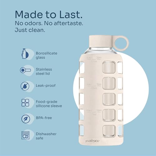 40oz / 32oz / 22oz / 12oz Borosilicate Glass Water Bottle with Time & Volume Markers, Silicone Sleeve, Stainless Steel Lid | Reusable Glass Bottle for Water & Juice (22oz Pearled Ivory)