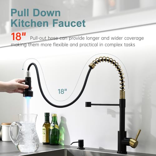Led Black and Gold Kitchen Faucet with Soap Dispenser