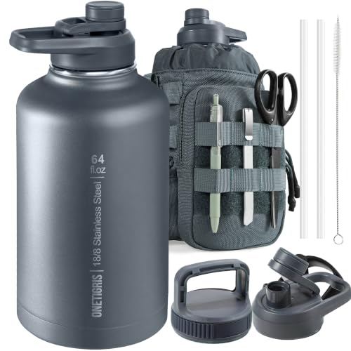 64oz Tactical Insulated Water Bottle with 3 Lids & MOLLE Pouch