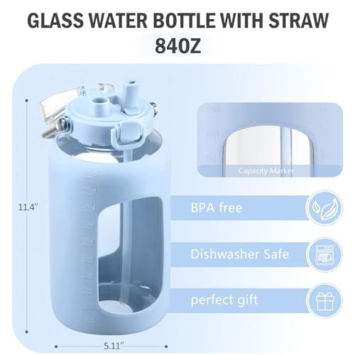84oz Water Bottle Glass with Stainless Steel Handle Large 2.5l Water Bottle with Time Markers and Silicone Sleeve Half Gallon Water Jug BPA Free for Gym Daily Use