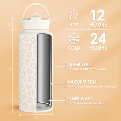 Leopard Water Bottle 32oz Stainless Steel Vacuum Insulated with Lid
