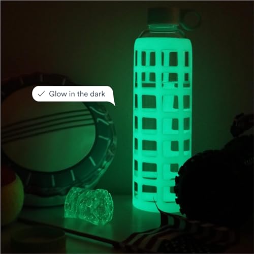 40oz / 32oz / 22oz / 12oz Borosilicate Glass Water Bottle with Time & Volume Markers, Silicone Sleeve, Stainless Steel Lid | Reusable Glass Bottle for Water & Juice (32oz Glow-in-the-Dark)
