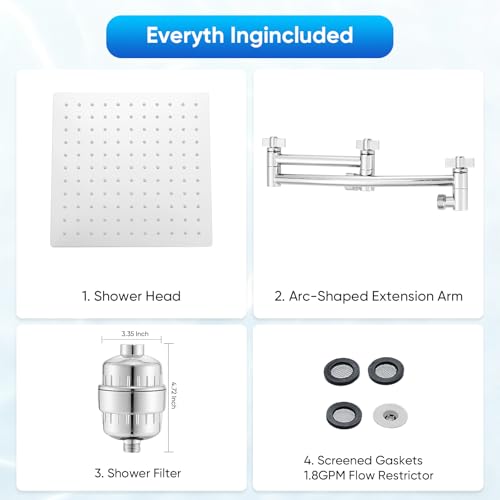 10 Inch Rain Shower Head with 16 Inch Extension Arm for Hard Water