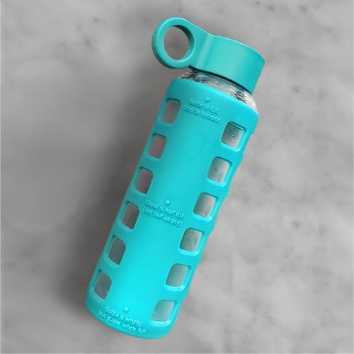40oz / 32oz / 22oz / 12oz Borosilicate Glass Water Bottle with Time & Volume Markers, Silicone Sleeve, Stainless Steel Lid | Reusable Glass Bottle for Water & Juice (12oz Aqua Blue)