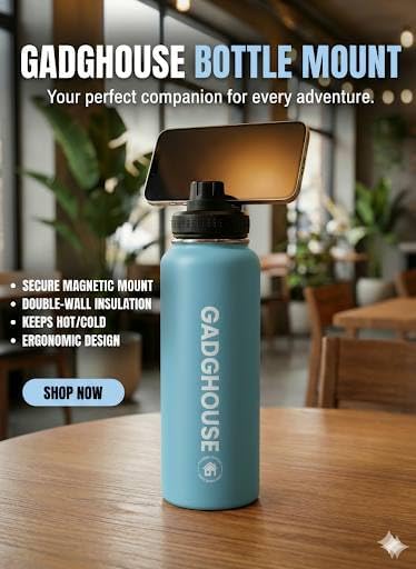 GadgHouse 40oz Stainless Steel Water Bottle with Magnetic Phone Holder, Compatible with Apple and Android. Leakproof, Insulated, BPA-Free, Keeps Hot 12H Cold 24H, for Gym, Office, Travel (ICE BLUE)