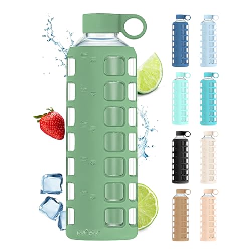 40oz / 32oz / 22oz / 12oz Borosilicate Glass Water Bottle with Time & Volume Markers, Silicone Sleeve, Stainless Steel Lid | Reusable Glass Bottle for Water & Juice (40oz Shale Green)