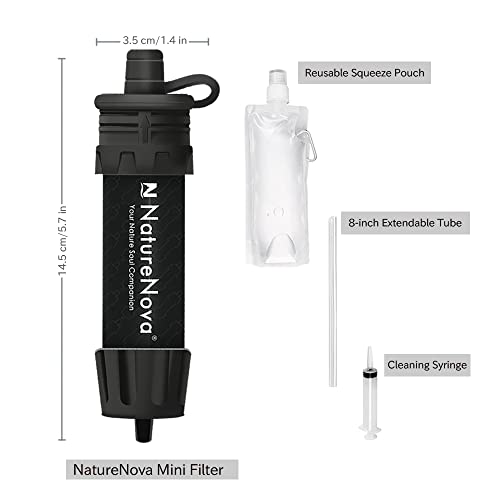 Mini Water Filter NatureNova Portable Emergency Water Filtration System Hiking Camping Straw Survival Gear Emergency Preparedness（Black