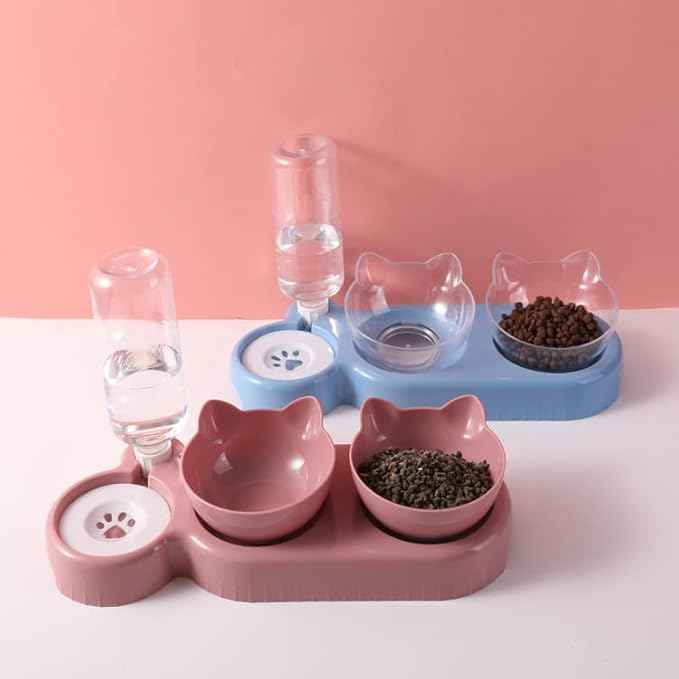 Triple Cat Bowls for Food and Water, Plastic Raised Cat Dishes, Automatic Water Bottle 3 in 1 Pet Bowls 2 Food Bowls and Water Feeder Set Wet Dry Food Bowl Set for Cats Puppy Small Dogs (Navy Blue)