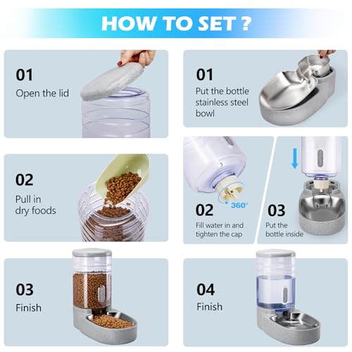 Automatic Cat Feeder and Water Dispenser with Stainless Steel Bowl Gravity Food Feeder and Waterer Set for Small Medium Dog Puppy Kitten 1 Gallon x 2