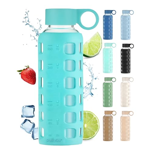40oz / 32oz / 22oz / 12oz Borosilicate Glass Water Bottle with Time & Volume Markers, Silicone Sleeve, Stainless Steel Lid | Reusable Glass Bottle for Water & Juice (12oz Aqua Blue)