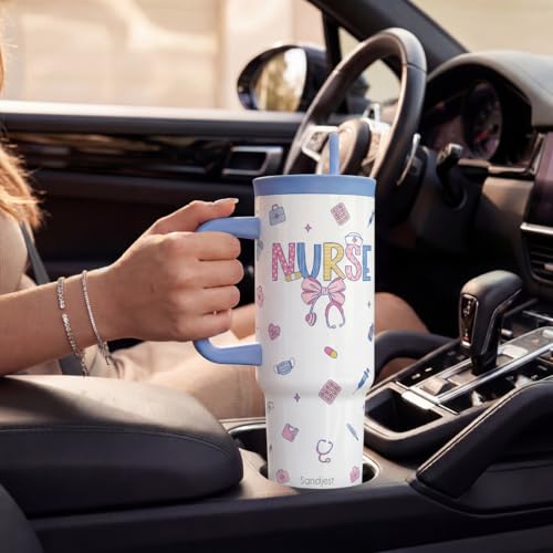 Nurse Stainless Steel Locking Lid Silicone Straw Tumbler with Handle 40oz