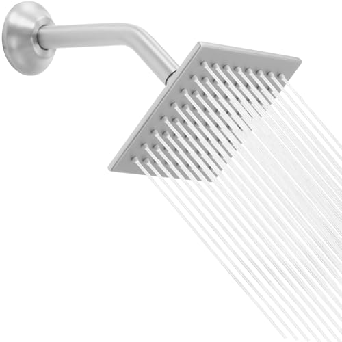 6 Inch Square Shower Head Stainless Steel High Pressure Rain Shower Heads with Extension Arm Adjustable Angle Replacement Shower Head for Modern Bathroom