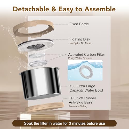 10L Dog Water Bowl No Spill Stainless Steel for Slow Drinking Beige