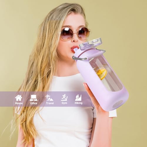 64oz Water Bottle Glass with Stainless Steel Handle Large Water Bottle with Time Markers and Silicone Sleeve Half Gallon Water Jug BPA Free for Gym Daily Use