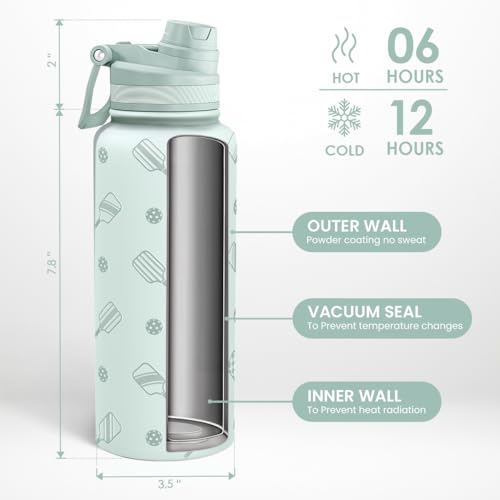 Pickleball Stainless Steel Water Bottle with Strap 32oz
