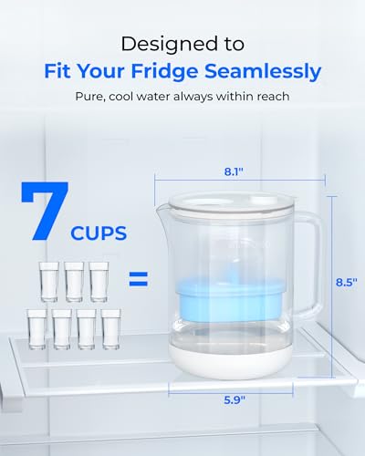 PT-72C-A Glass Alkaline Water Filter Pitcher, 7-Cup, Blue
