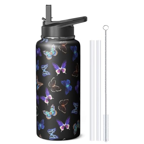 32oz Butterfly Water Bottle with Handle and Flip Straw