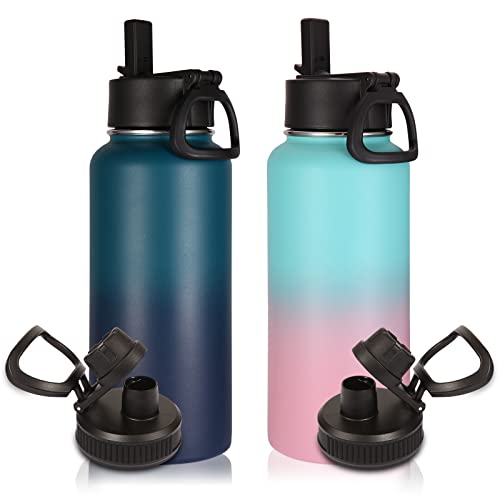 32 oz Water Bottles Bulk 2 Pack with Straw Lid & Spout Lid (2 Count)