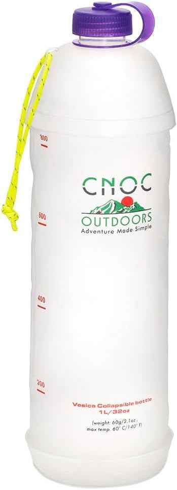 Cnoc Outdoors Vesica Collapsible Water Bottle 1 Liter Purple, 28mm Thread Compatible with Popular Filters, Packs Down Small when Empty, Perfect for Travel and Hiking