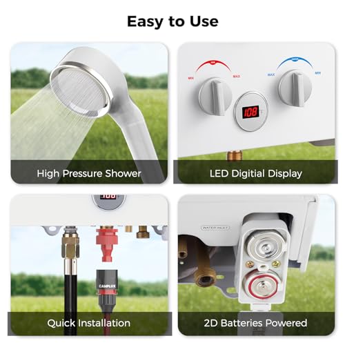CAMPLUX 4.22GPM Propane Water Heater with 3.3 GPM Water Pump & Pipe Strainer