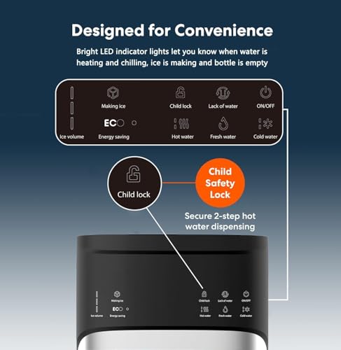 Self Cleaning Bottom Loading Hot and Cold Water Dispenser with Ice Maker Machine for 5 Gallon Bottle 22lbs Daily Capacity Ice Full Alert Black