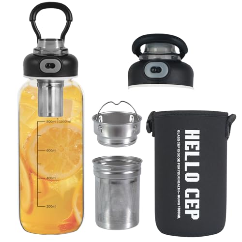 34oz Glass Water Bottle with capacity Mark & Stainless Steel Tea Strainer
