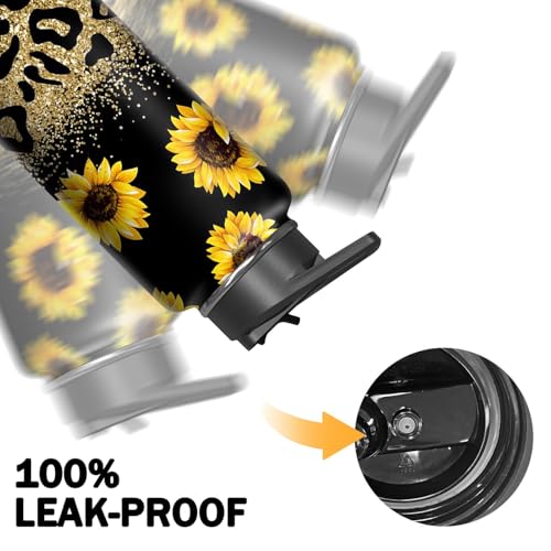 18oz Leopard Sunflower Water Bottle with Handle and Flip Straw