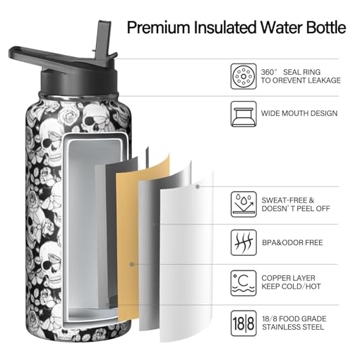 32oz Skull Water Bottle with Handle and Flip Straw