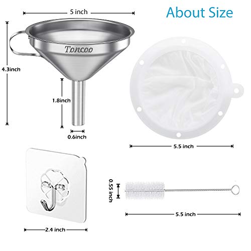 5 Inch Premium Stainless Steel Funnel with 200 Mesh Food Strainer