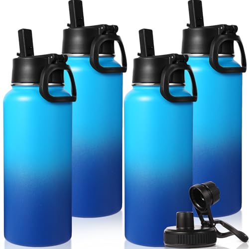 32 oz Insulated Water Bottles Bulk with 2 Lids (4 Count)