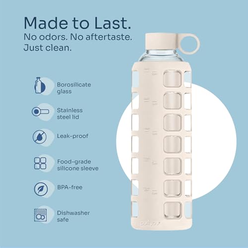 40oz / 32oz / 22oz / 12oz Borosilicate Glass Water Bottle with Time & Volume Markers, Silicone Sleeve, Stainless Steel Lid | Reusable Glass Bottle for Water & Juice (32oz Pearled Ivory)