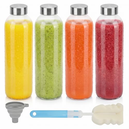 24 oz Clear Glass Juice Bottles with Stainless Steel Lids (4 Count)