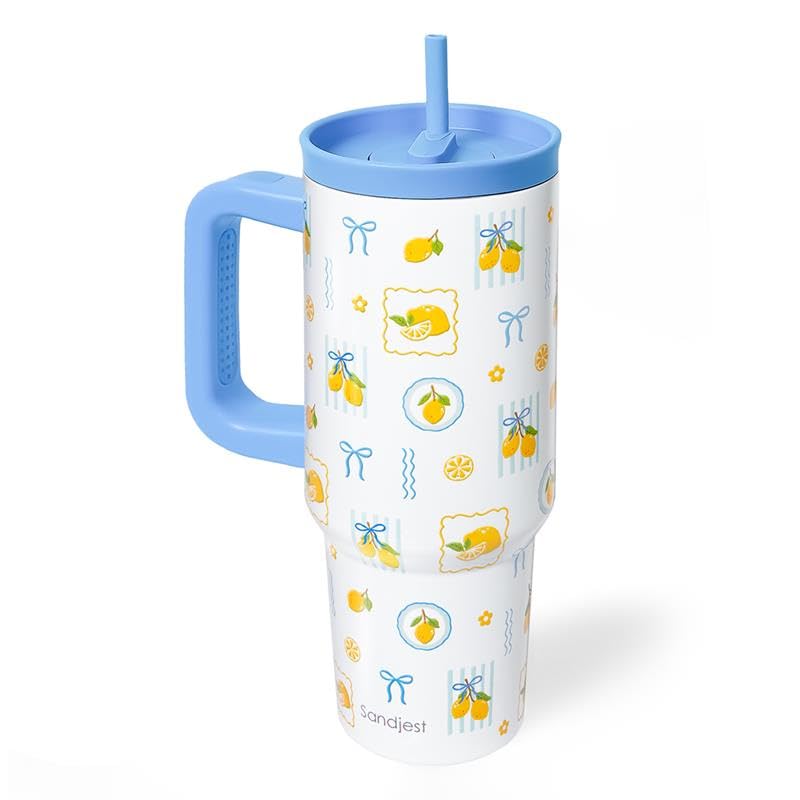 Lemon Stainless Steel Locking Lid Silicone Straw Tumbler with Handle 40oz