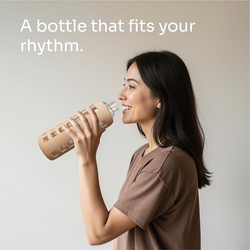 40oz / 32oz / 22oz / 12oz Borosilicate Glass Water Bottle with Time & Volume Markers, Silicone Sleeve, Stainless Steel Lid | Reusable Glass Bottle for Water & Juice (32oz Iced Coffee)