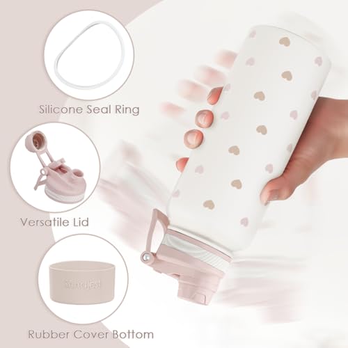 Beige Heart Stainless Steel Water Bottle with Strap 32oz