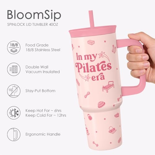 Pilates Stainless Steel Locking Lid Silicone Straw Tumbler with Handle 40oz