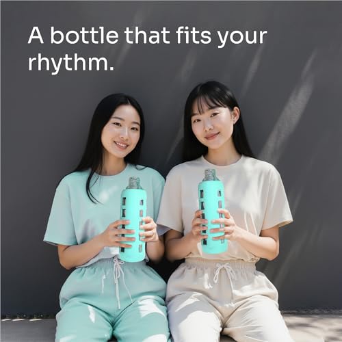 40oz / 32oz / 22oz / 12oz Borosilicate Glass Water Bottle with Time & Volume Markers, Silicone Sleeve, Stainless Steel Lid | Reusable Glass Bottle for Water & Juice (32oz Glow-in-the-Dark)