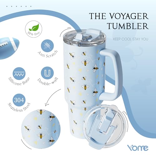 40oz Blue Bee Tumbler with Handle and Flip Straw