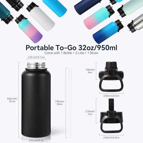 32 oz Insulated Water Bottles Bulk with 2 Lids (4 Count)