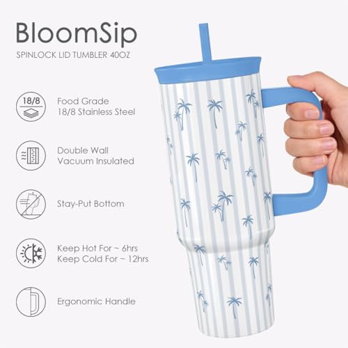Palm Tree Stainless Steel Locking Lid Silicone Straw Tumbler with Handle 40oz
