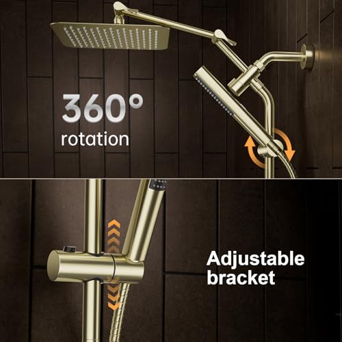 All Metal 10" Luxurious Brushed Gold Rain Shower Head with Handheld