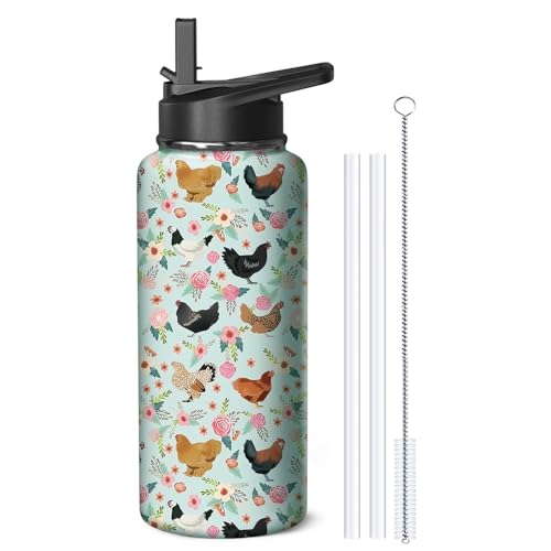 32oz Chicken Water Bottle with Handle and Flip Straw