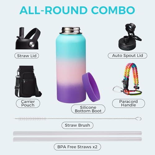 32 40/64/128 oz Flask Water Bottles Insulated - with Straw Auto Spout Lid, Water Bottle Stainless Steel Keep Cold 48H Hot 24H, Metal Water Bottle with Strap, Paracord Handle, Protective Boot (32 Count)