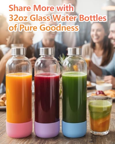 32oz Large Glass Juice Bottles With Stainless Steel Lids (3 Count)